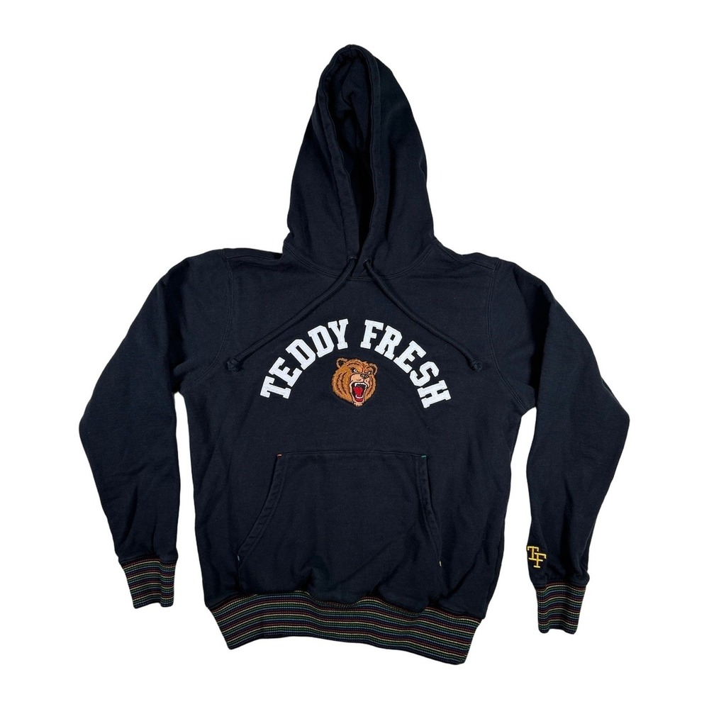 Teddy Fresh Bear Graphic Hoodie Black Rainbow Stripe Cuffs Bay Size S